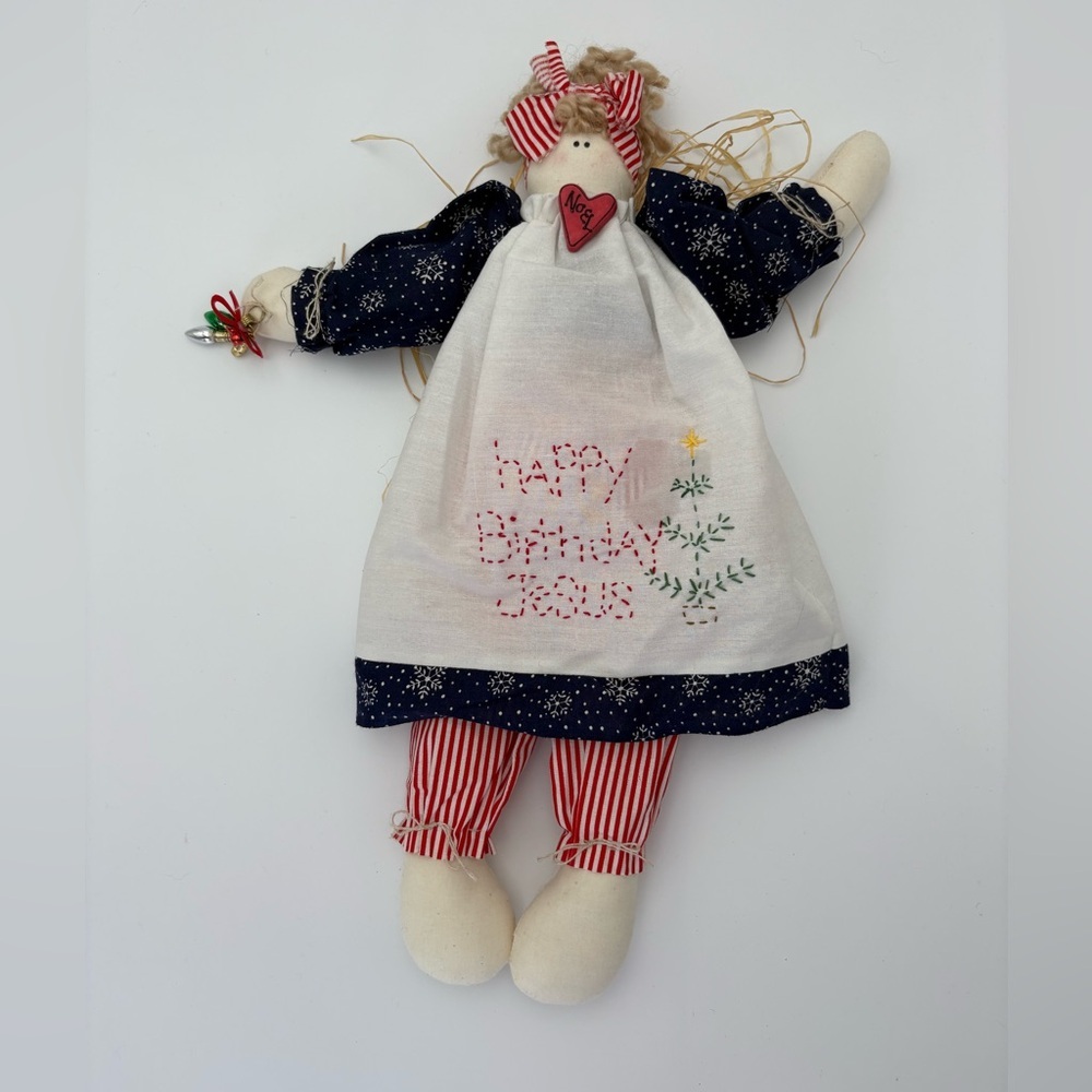 Adorable Vintage Handmade Christmas Cloth Doll with Happy Birthday Jesus